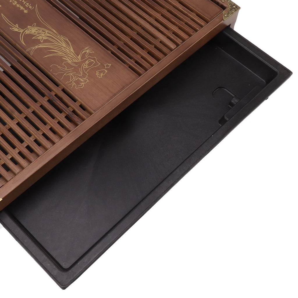 Kungfu Tea Tray Chinese Gongfu Tea Tray Drainage Water Storage Wood Tea Table with Drain Pipe Light Black Orchid