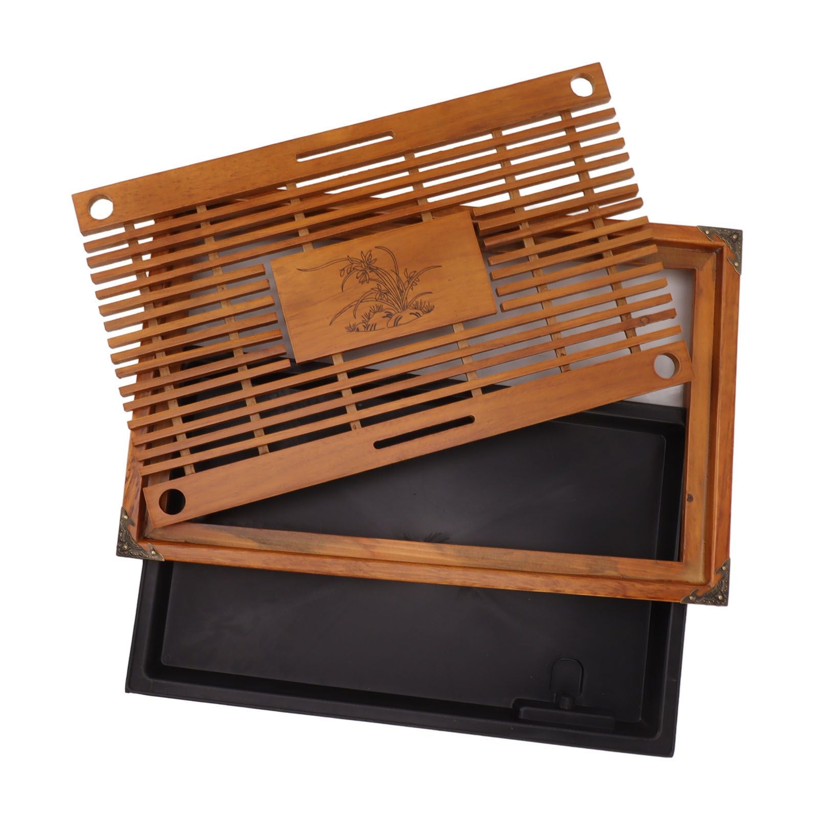 Chinese Style Kongfu Tea Tray Wooden Teaboard Drainage Water Storage Serving Tray Orchid Pattern Yellow