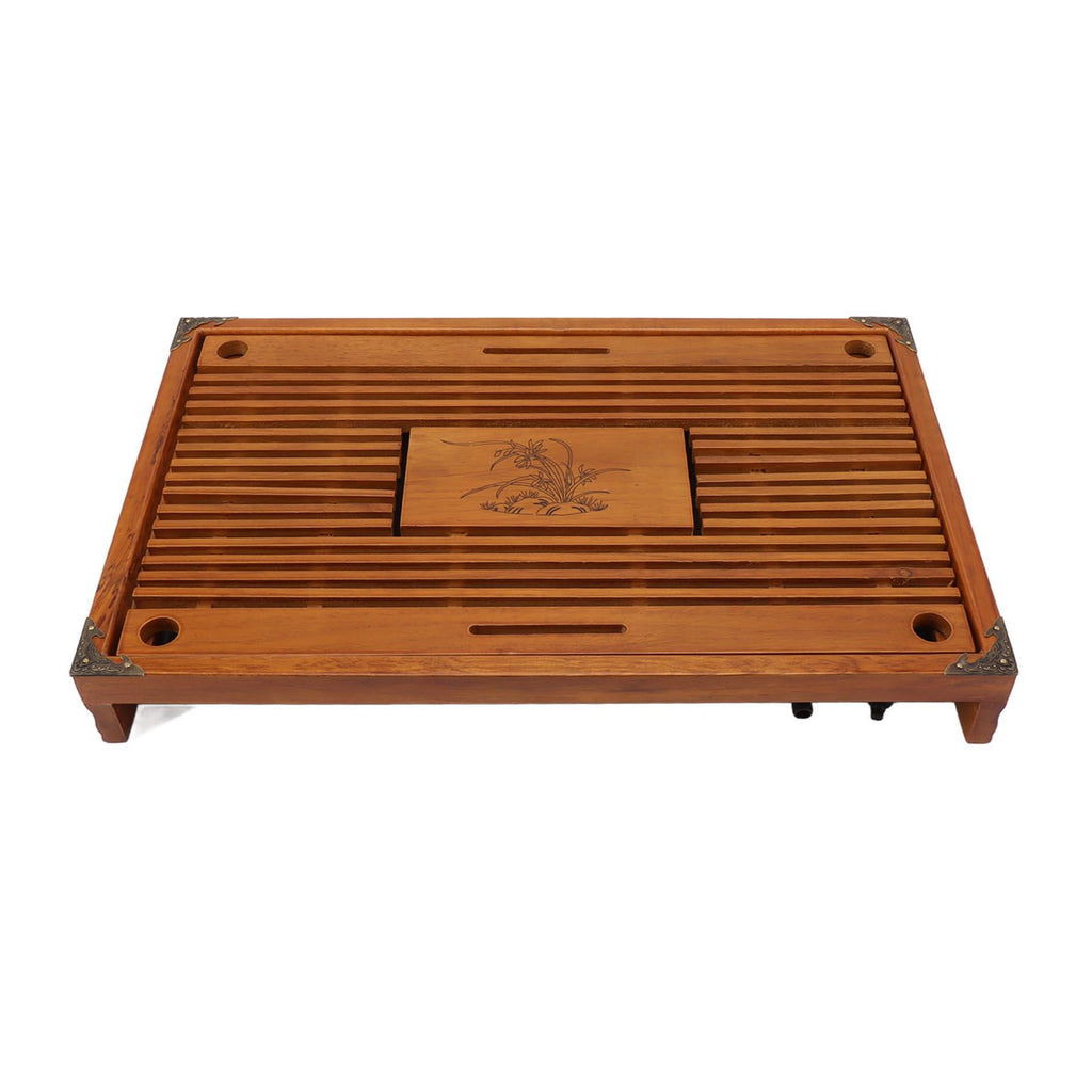 Chinese Style Kongfu Tea Tray Wooden Teaboard Drainage Water Storage Serving Tray Orchid Pattern Yellow