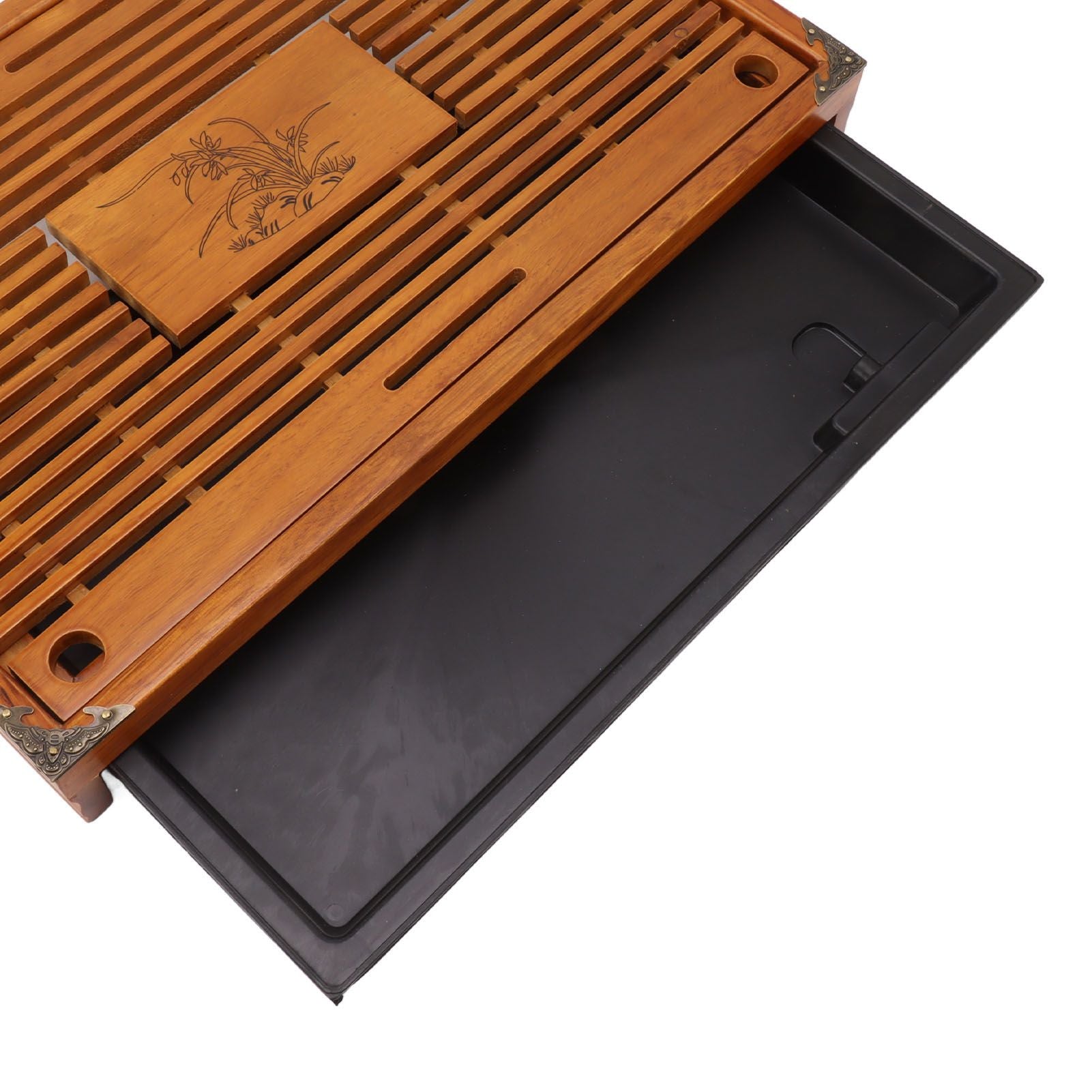 Chinese Style Kongfu Tea Tray Wooden Teaboard Drainage Water Storage Serving Tray Orchid Pattern Yellow