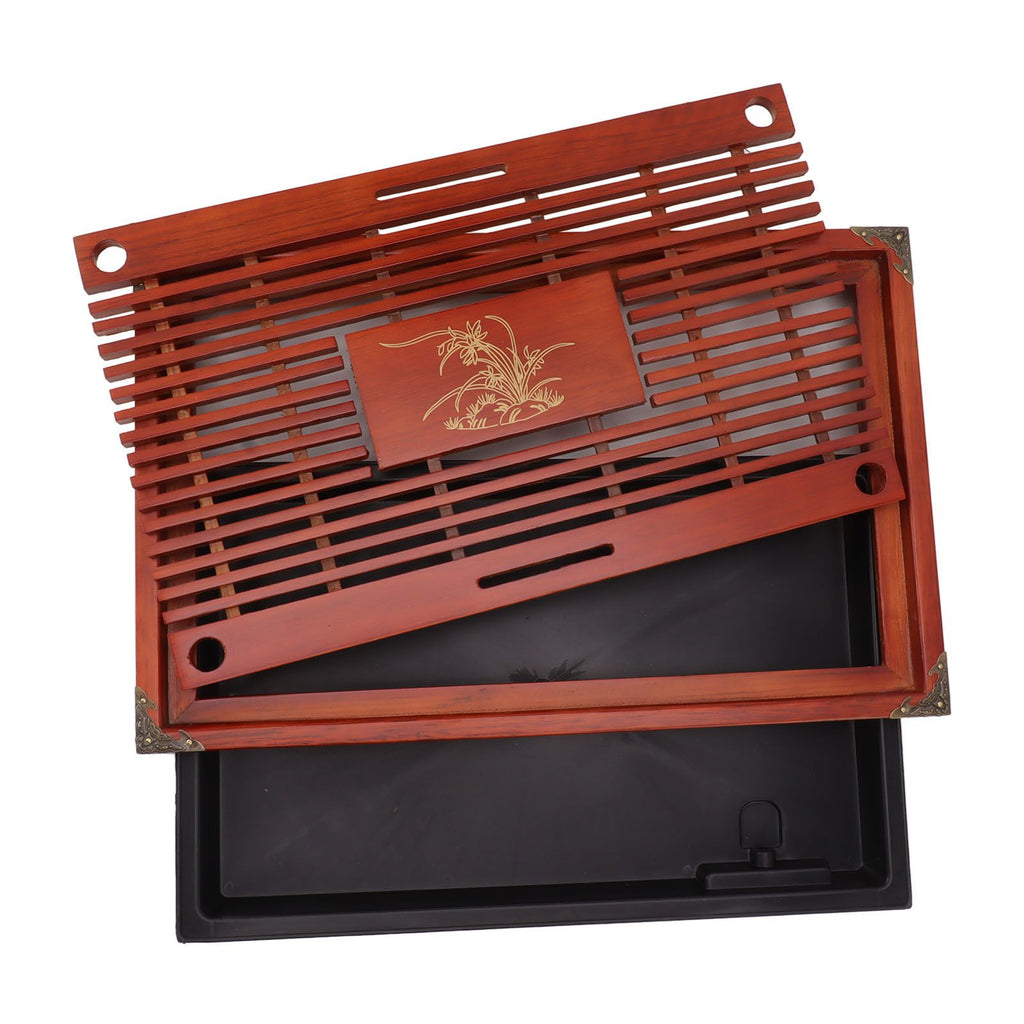 Chinese Style Kongfu Tea Tray Wooden Teaboard Drainage Water Storage Serving Tray Orchid Pattern Dark Red