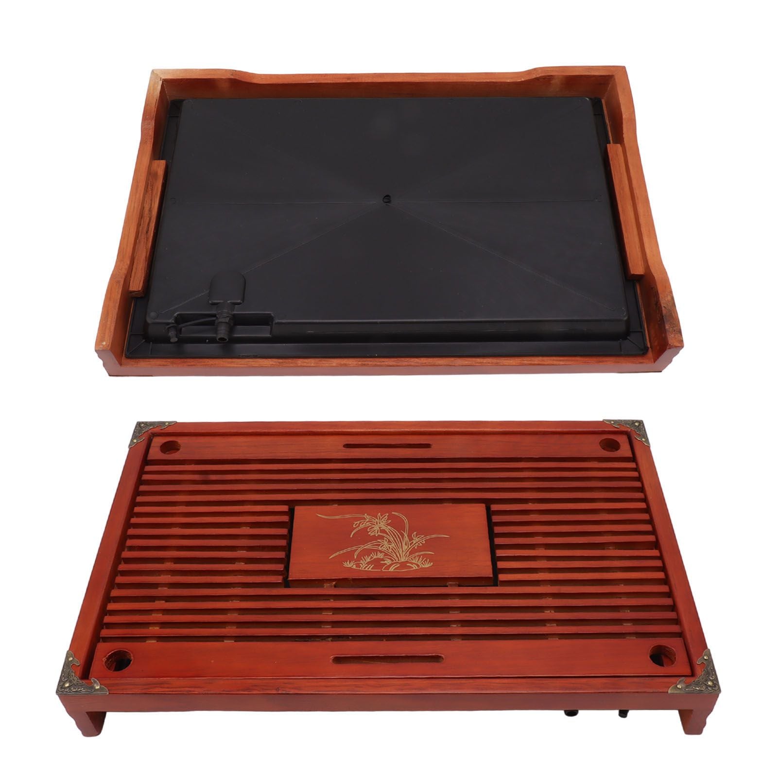 Chinese Style Kongfu Tea Tray Wooden Teaboard Drainage Water Storage Serving Tray Orchid Pattern Dark Red