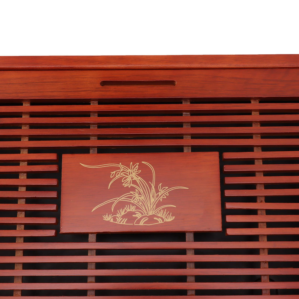 Chinese Style Kongfu Tea Tray Wooden Teaboard Drainage Water Storage Serving Tray Orchid Pattern Dark Red