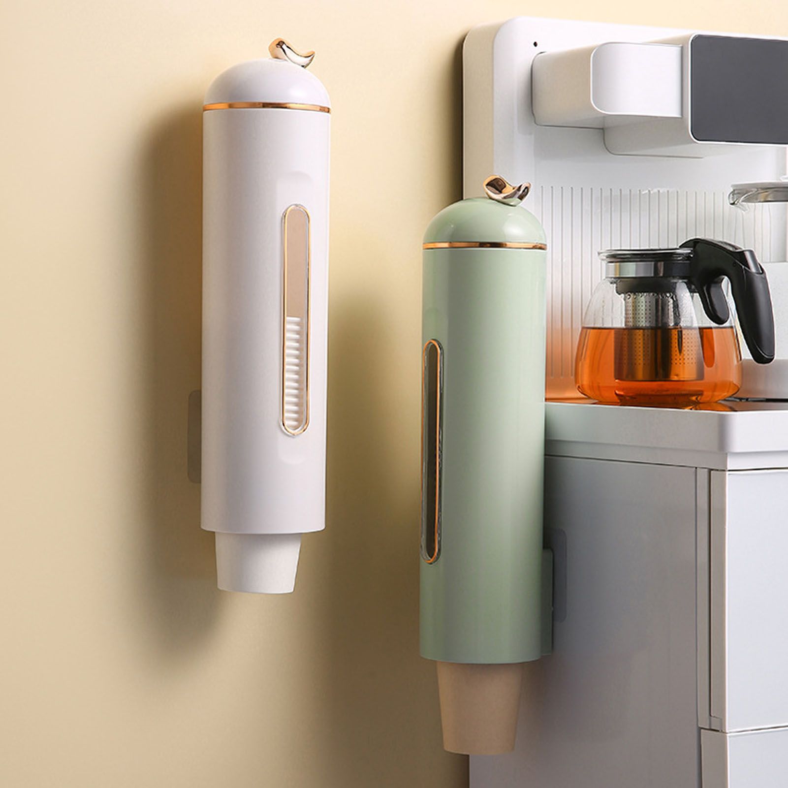 Paper Cup Dispenser Wall Mounted Pull Type Water Cup Holder Dispenser with Transparent Window for Home Kitchen Office Grass Green