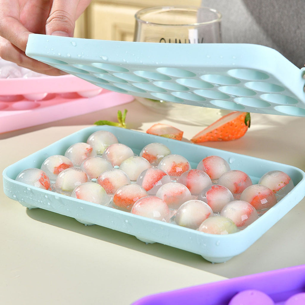 25 Grid Ice Cube Tray Easy Release Silicone Ice Ball Maker Mold Mini Round Ice Sphere Tray with Lid Blue