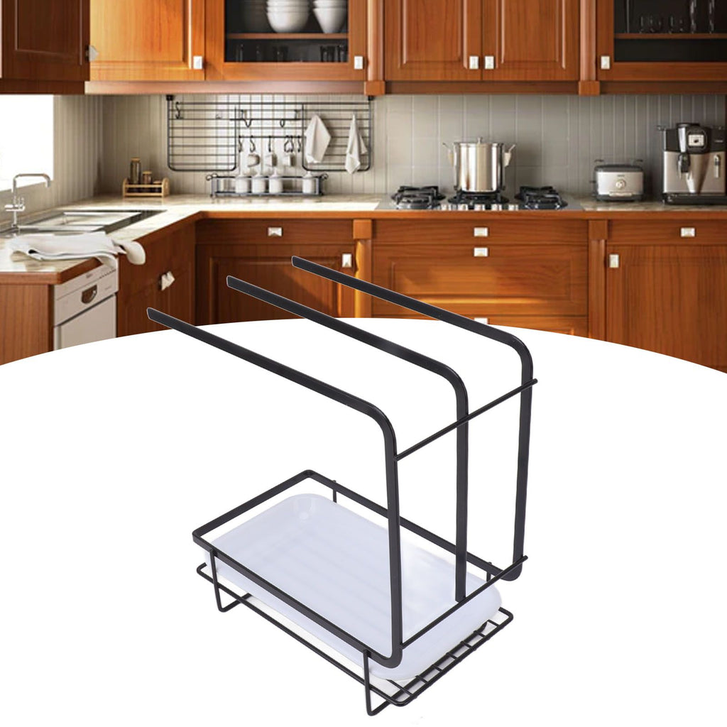 Sponge Holder with Drain Pan Quick Drying Hollow Bottom Rustproof Dishcloth Drying Rack for Kitchen Bathroom Sink Black