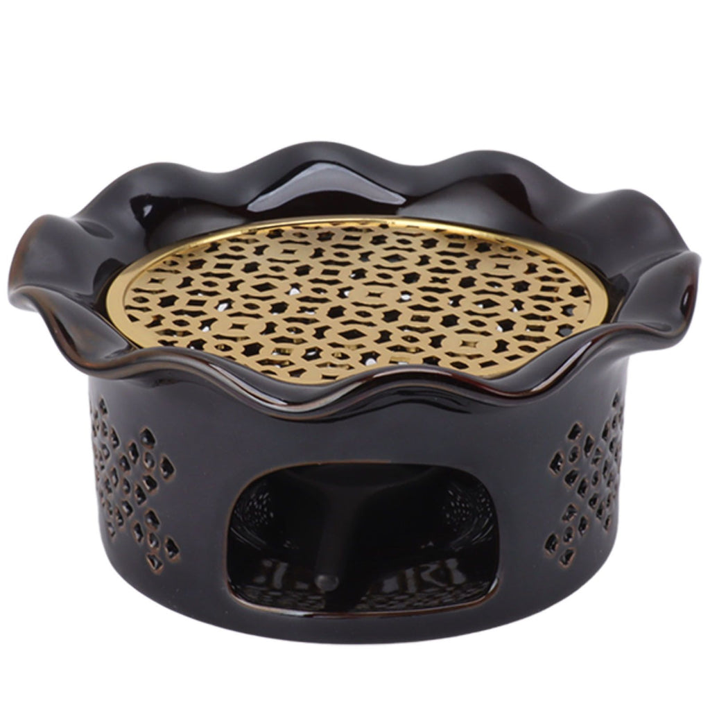 Teapot Warmer Ceramic Alloy Tea Warmer with Tea Light Holder Teapot Mat Hollow Out Flounce Design Black Copper Brown