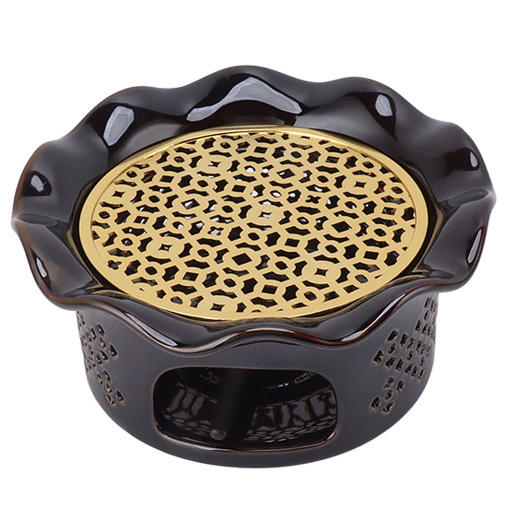 Teapot Warmer Ceramic Alloy Tea Warmer with Tea Light Holder Teapot Mat Hollow Out Flounce Design Black Copper Brown