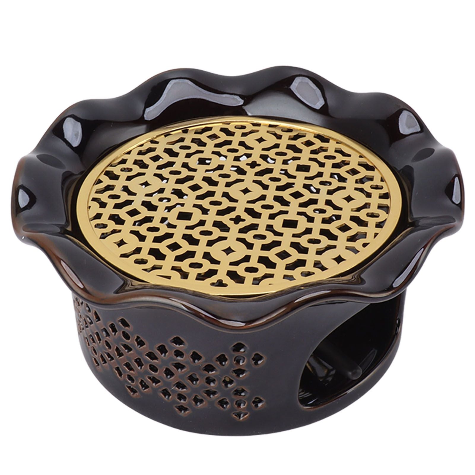 Teapot Warmer Ceramic Alloy Tea Warmer with Tea Light Holder Teapot Mat Hollow Out Flounce Design Black Copper Brown