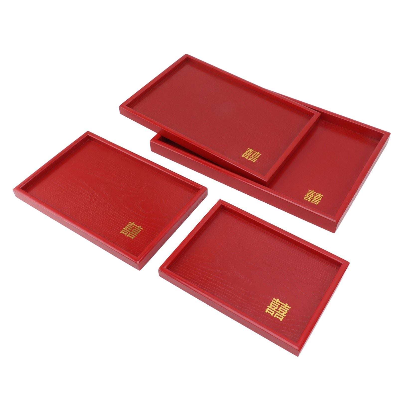 4Pcs Serving Tray Chinese Style Red Wedding Tea Coffee Snack Plate Wooden Fruit Candy Salver Square