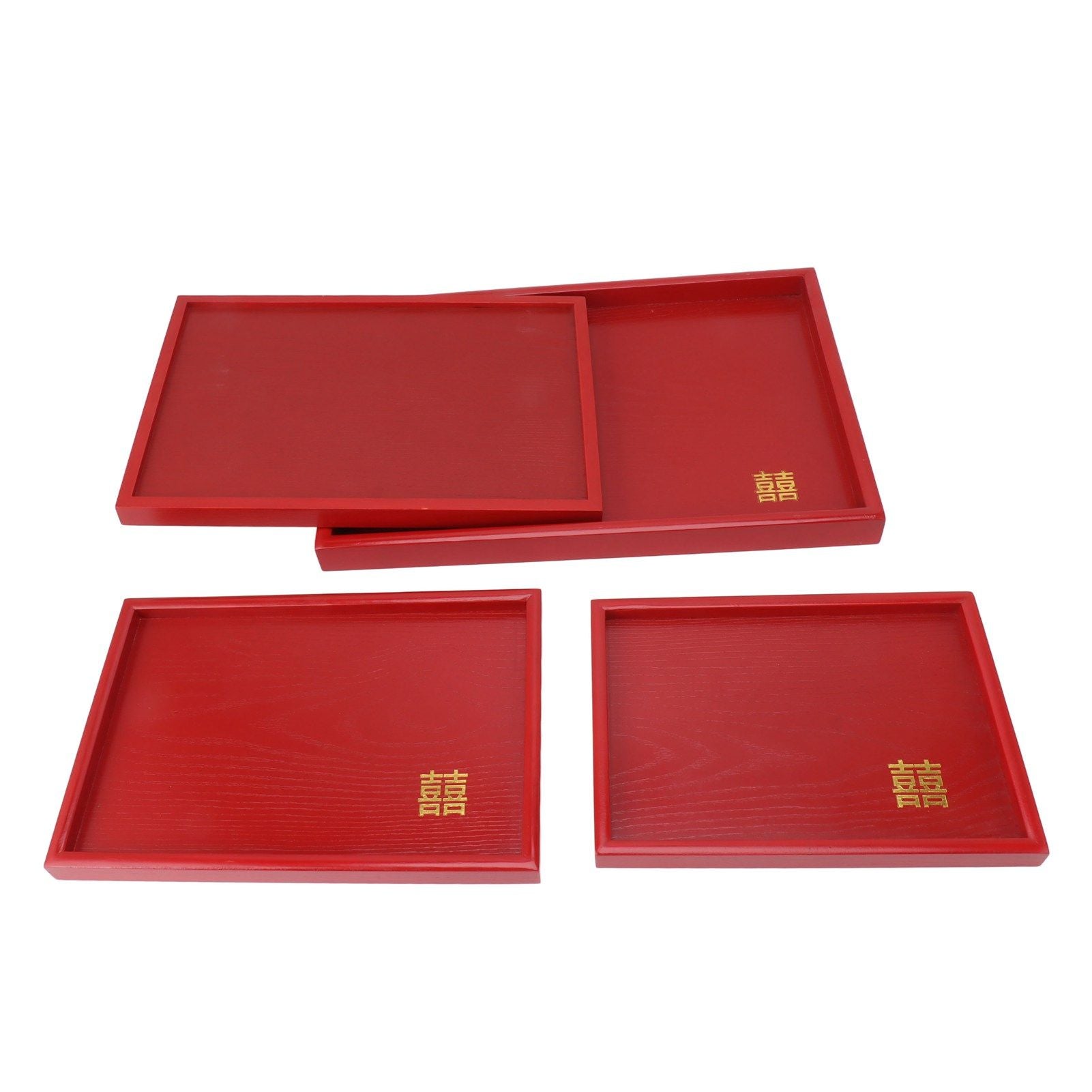 4Pcs Serving Tray Chinese Style Red Wedding Tea Coffee Snack Plate Wooden Fruit Candy Salver Square