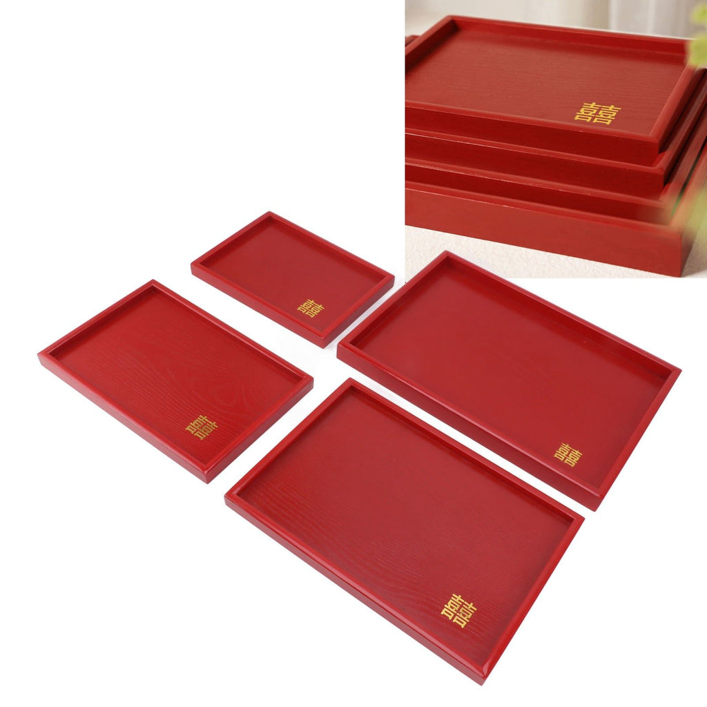 4Pcs Serving Tray Chinese Style Red Wedding Tea Coffee Snack Plate Wooden Fruit Candy Salver Square