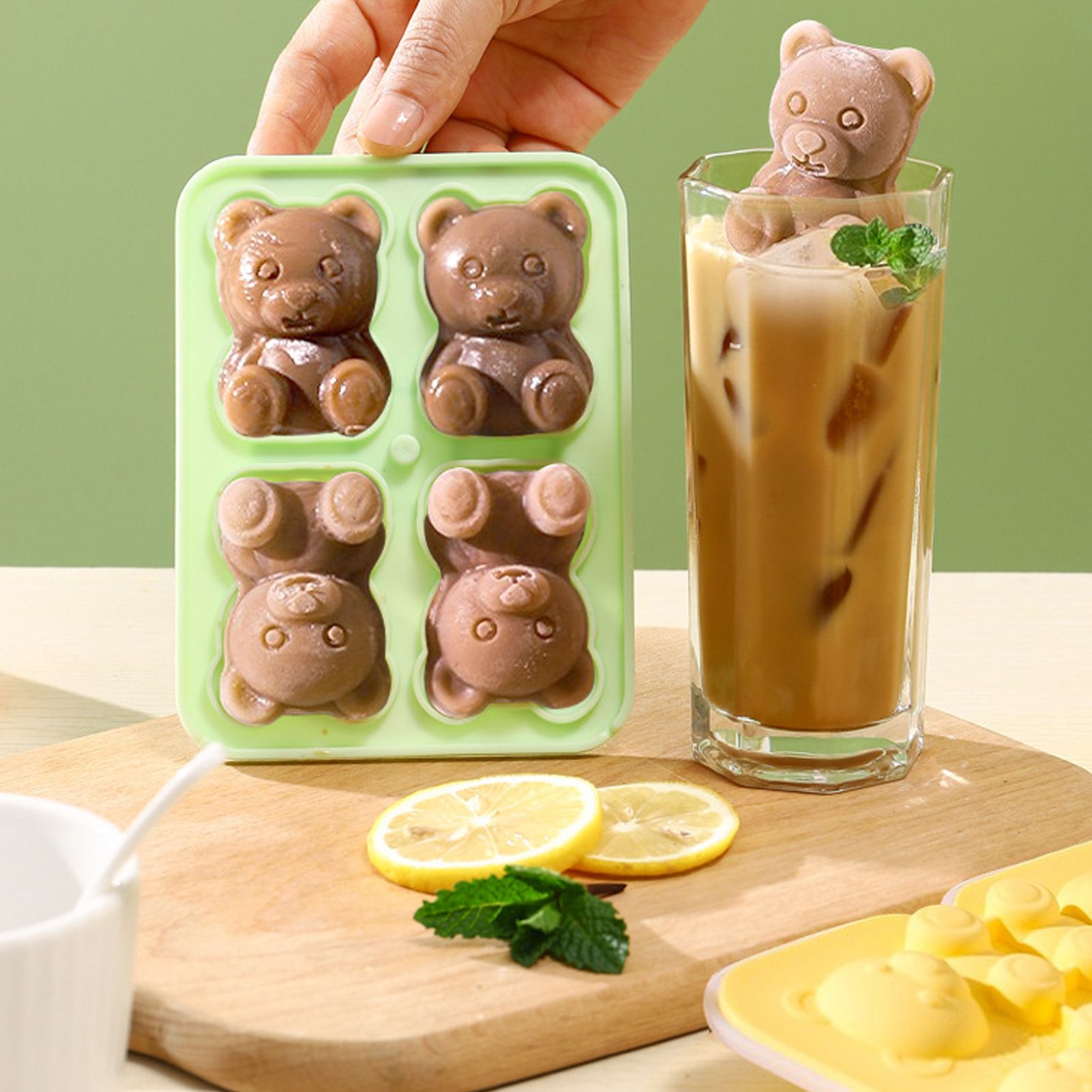 Little Bear Shape Ice Mold 4 Grids Silicone Ice Block Mould for Making Ice Cream Cake Candle Green