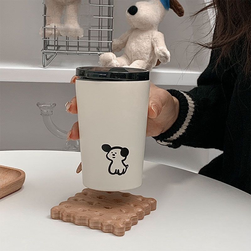 Insulated Cup Vacuum with Lid Frosted Stainless Steel Small Accompanying Thermal for Coffee Water Cute Puppy Pattern 360ml