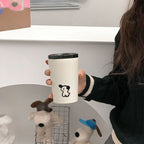 Insulated Cup Vacuum with Lid Frosted Stainless Steel Small Accompanying Thermal for Coffee Water Cute Puppy Pattern 360ml