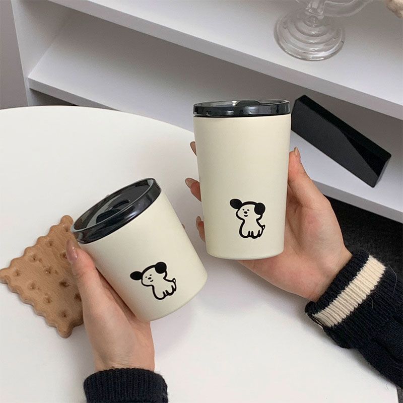 Insulated Cup Vacuum with Lid Frosted Stainless Steel Small Accompanying Thermal for Coffee Water Cute Puppy Pattern 360ml