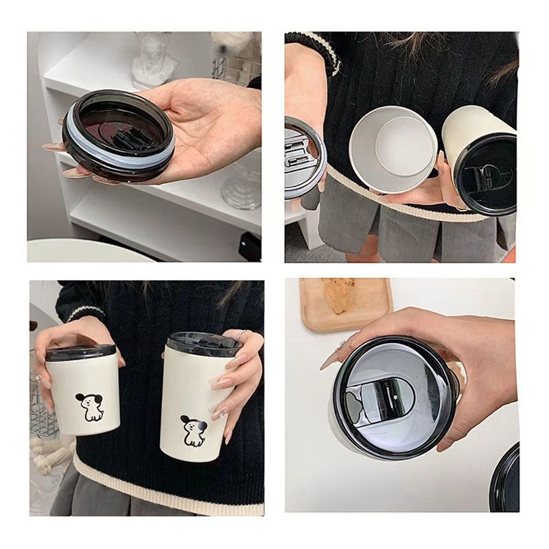 Insulated Cup Vacuum with Lid Frosted Stainless Steel Small Accompanying Thermal for Coffee Water Cute Puppy Pattern 360ml