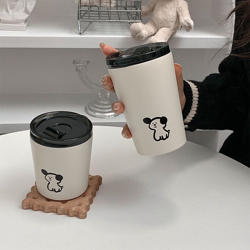 Insulated Cup Vacuum with Lid Frosted Stainless Steel Small Accompanying Thermal for Coffee Water Cute Puppy Pattern 360ml
