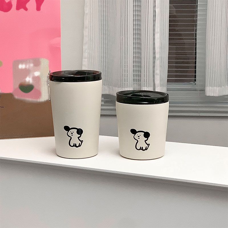 Insulated Cup Vacuum with Lid Frosted Stainless Steel Small Accompanying Thermal for Coffee Water Cute Puppy Pattern 360ml