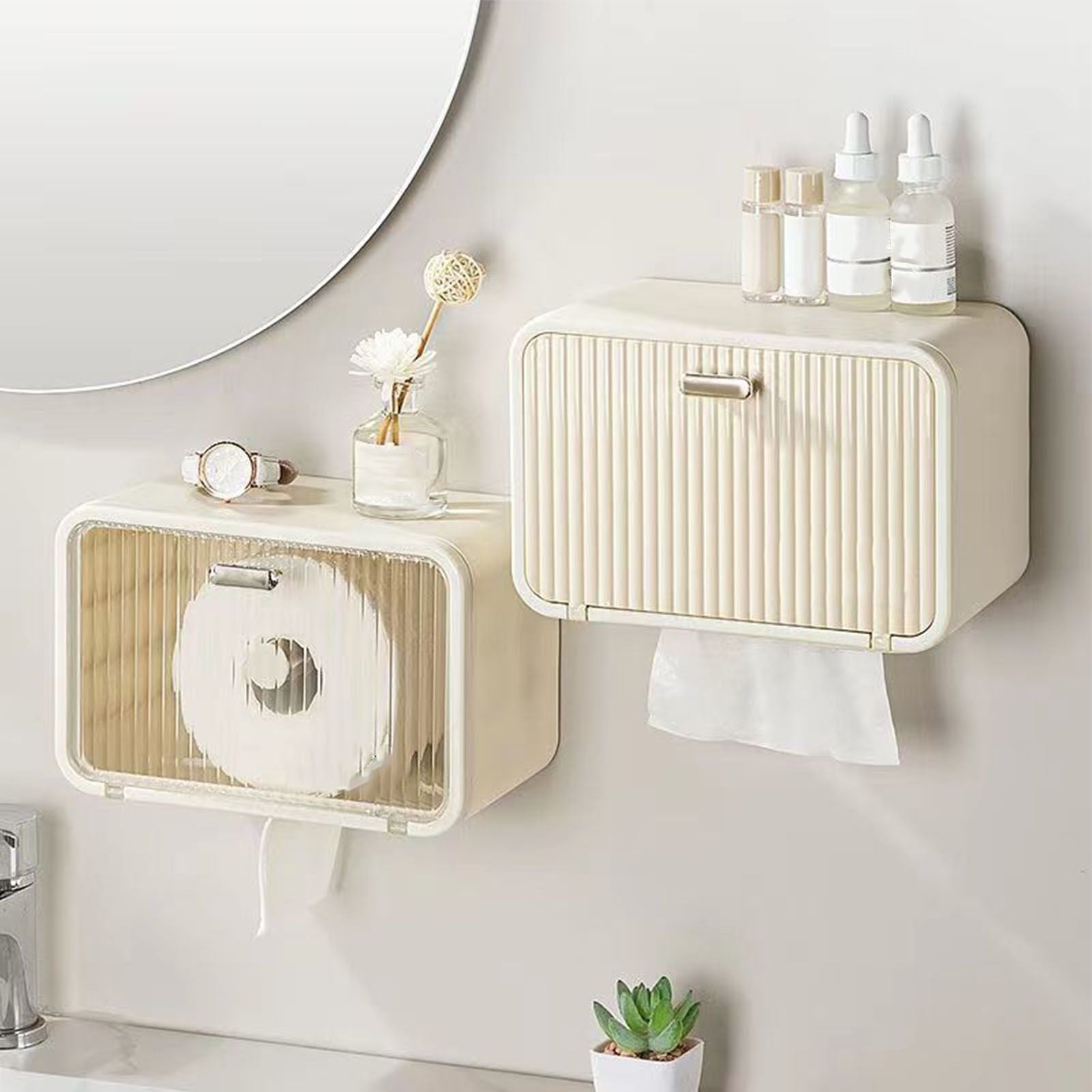 Tissue Box Cover Wall Mounted 2 in 1 Waterproof Tissue Holder Dispenser Box Cover for Bathroom Milky White