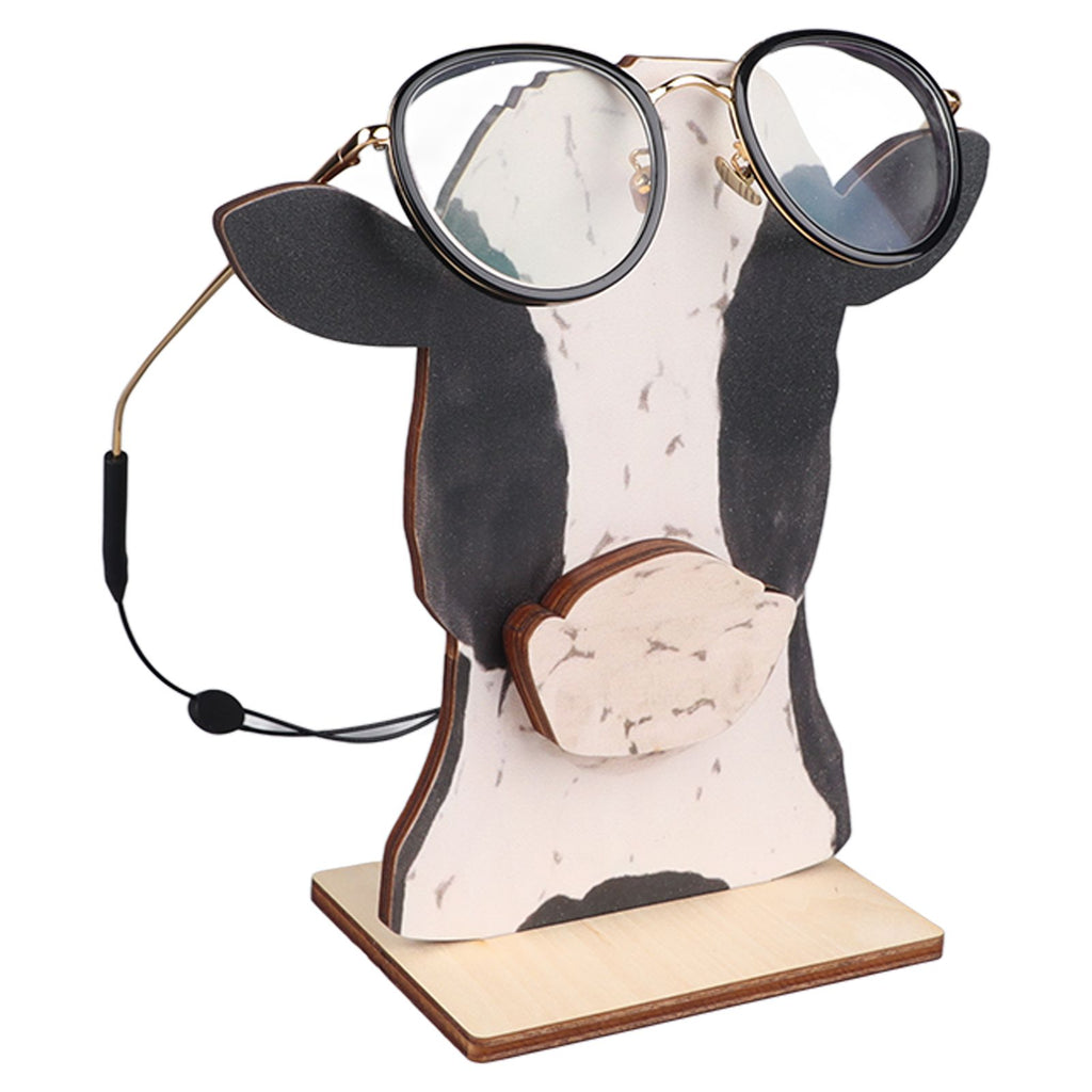 Cow Head Wearing Glasses Statues Wooden Decorative Cow Eyeglasses Display Stand Holder for Desktop Office
