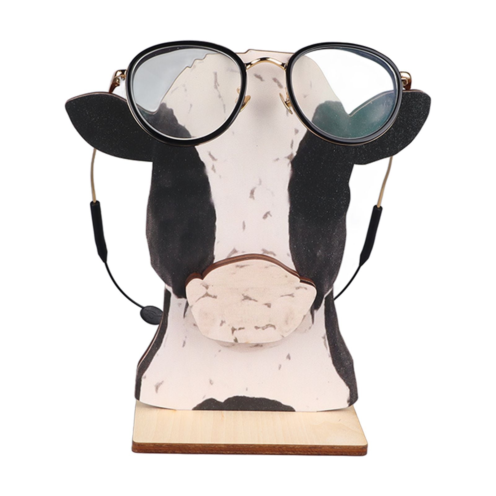 Cow Head Wearing Glasses Statues Wooden Decorative Cow Eyeglasses Display Stand Holder for Desktop Office