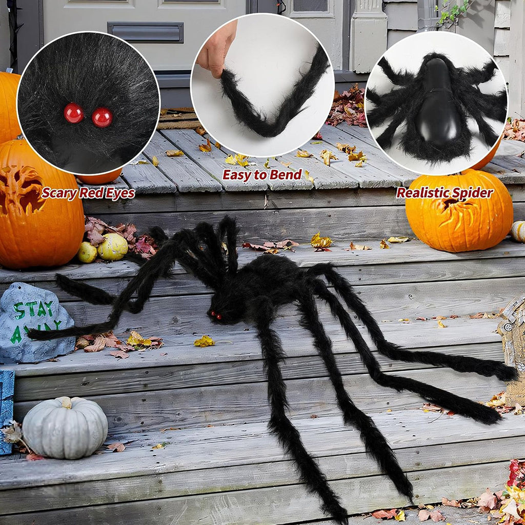 Giant Fake Spider Lifelike Halloween Posable Black Soft Hairy Fake Spiders Scary Decorations for Yard Home 90cm