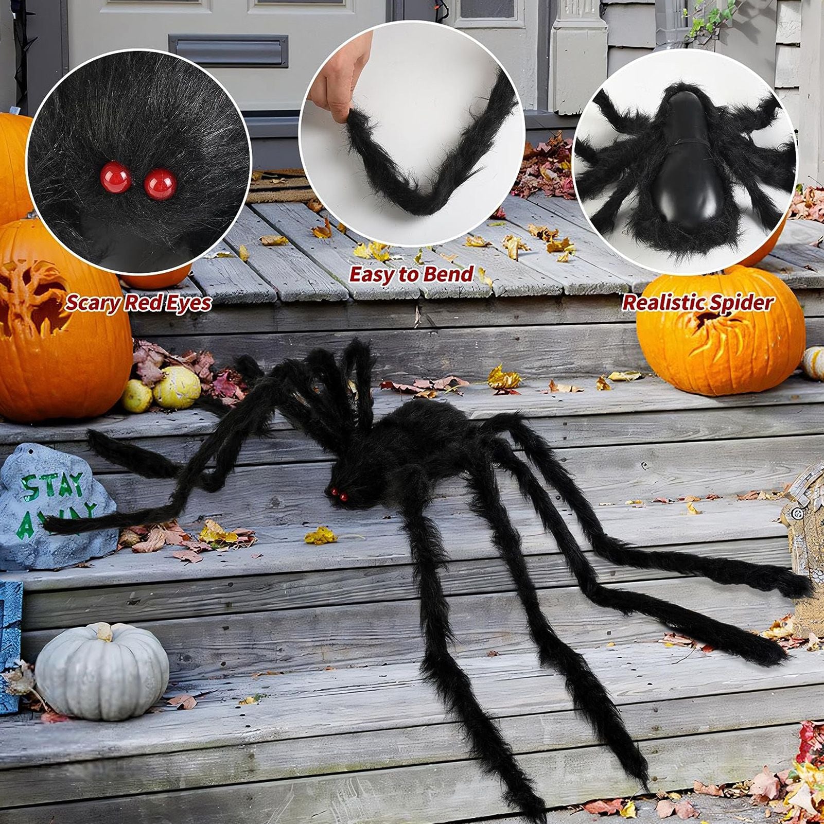 Giant Fake Spider Lifelike Halloween Posable Black Soft Hairy Fake Spiders Scary Decorations for Yard Home 200cm