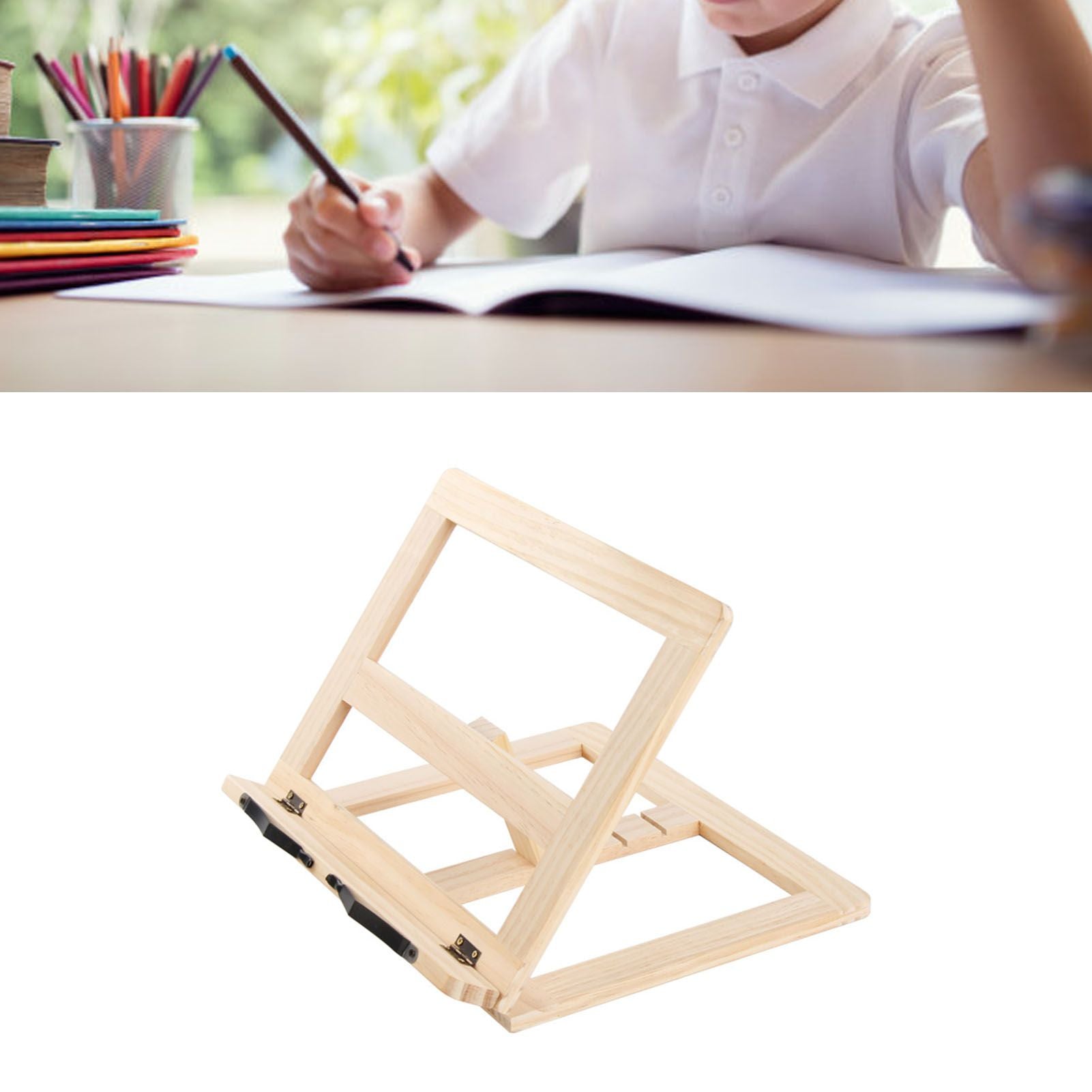 Wooden Book Stand Adjustable Book Holder Reading Stand Recipe Cookbook Holder for Kid Adult Home Iron Clip