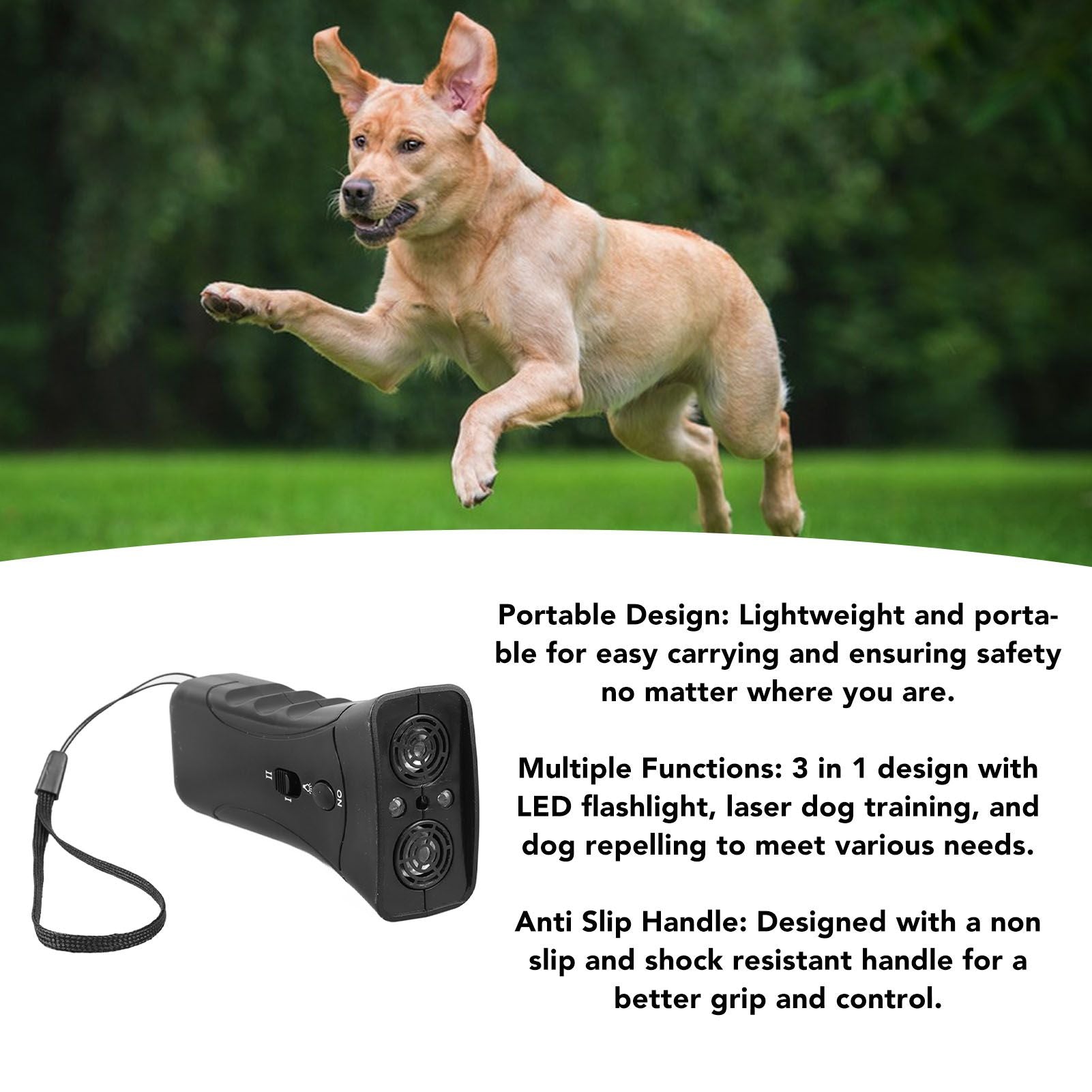 Dog Repeller Dual Sensor Ultrasound LED Light Laser Dog Deterrent Device USB Rechargeable Anti Barking Device