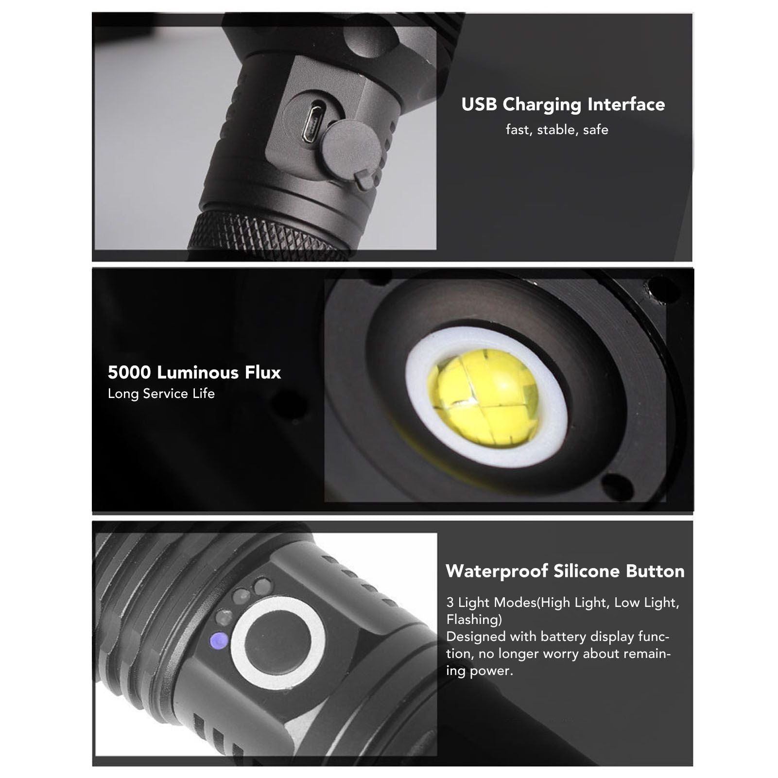 LED Flashlight Zoomable P50 Beads 5000lm 3 Light Modes Battery Display Bright Flashlight for Outdoor Adventure Camping