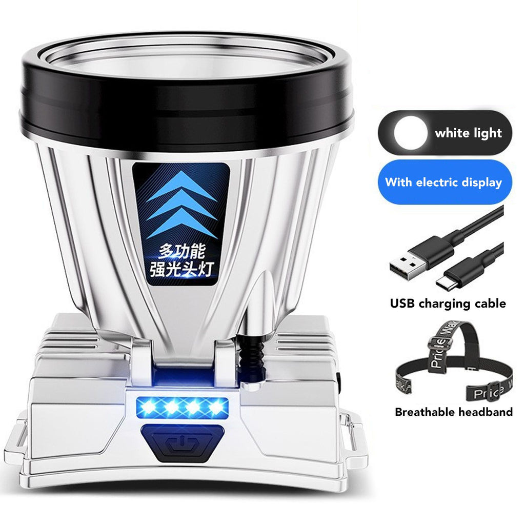 Super Bright Headlamp Rechargeable 800mAh Lithium Ion Battery Waterproof High Power Headlamp with Power Display for Outdoor Activity Silver