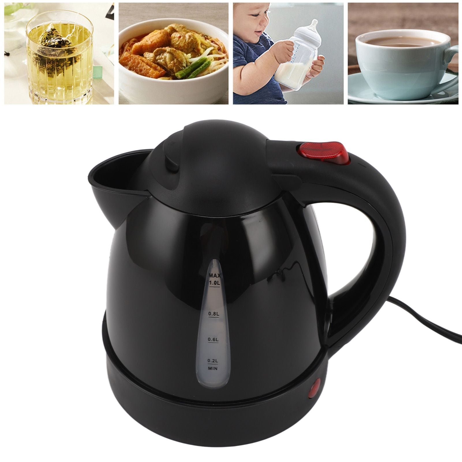 Electric Kettle 150W 1L Black Road Hot Water Boiler Stainless Steel Liner Auto Shut Off Tea Kettle Car Cigarette Plug 12V for Sedans SUVs