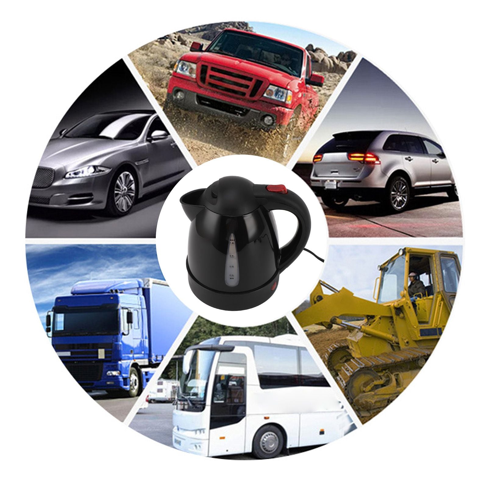 Electric Kettle 150W 1L Black Road Hot Water Boiler Stainless Steel Liner Auto Shut Off Tea Kettle Car Cigarette Plug 12V for Sedans SUVs