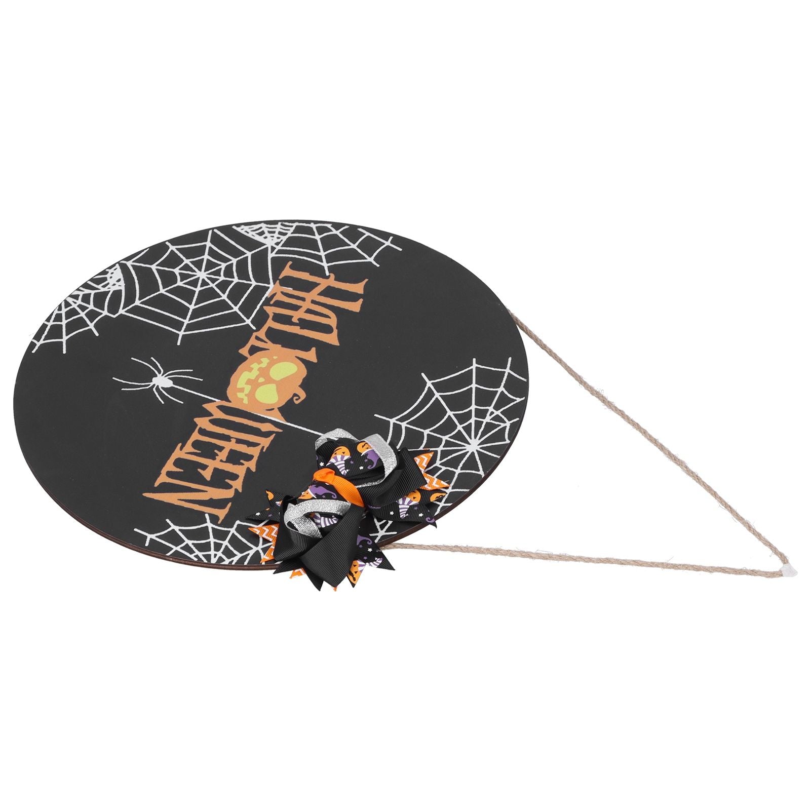 Halloween Spider Web Pattern Wooden Welcome Sign Decorative Hanging Board for Indoor OutdoorWith Bow