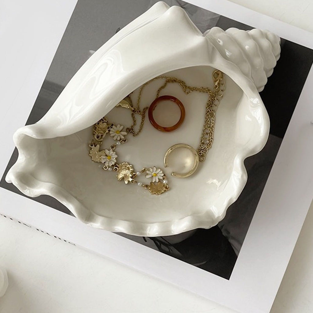 White Ceramic Conch Shell Conch Shape Ceramic Jewelry Tray Ocean Style Earrings Necklace Storage Dish Decorative Key Bowl