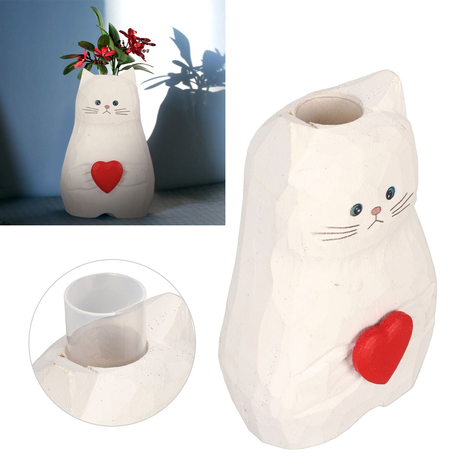 Cat Statue Flower Vase White Handmade Textured Wooden Cat Vase for Thanksgiving Day Gift Cat Lovers