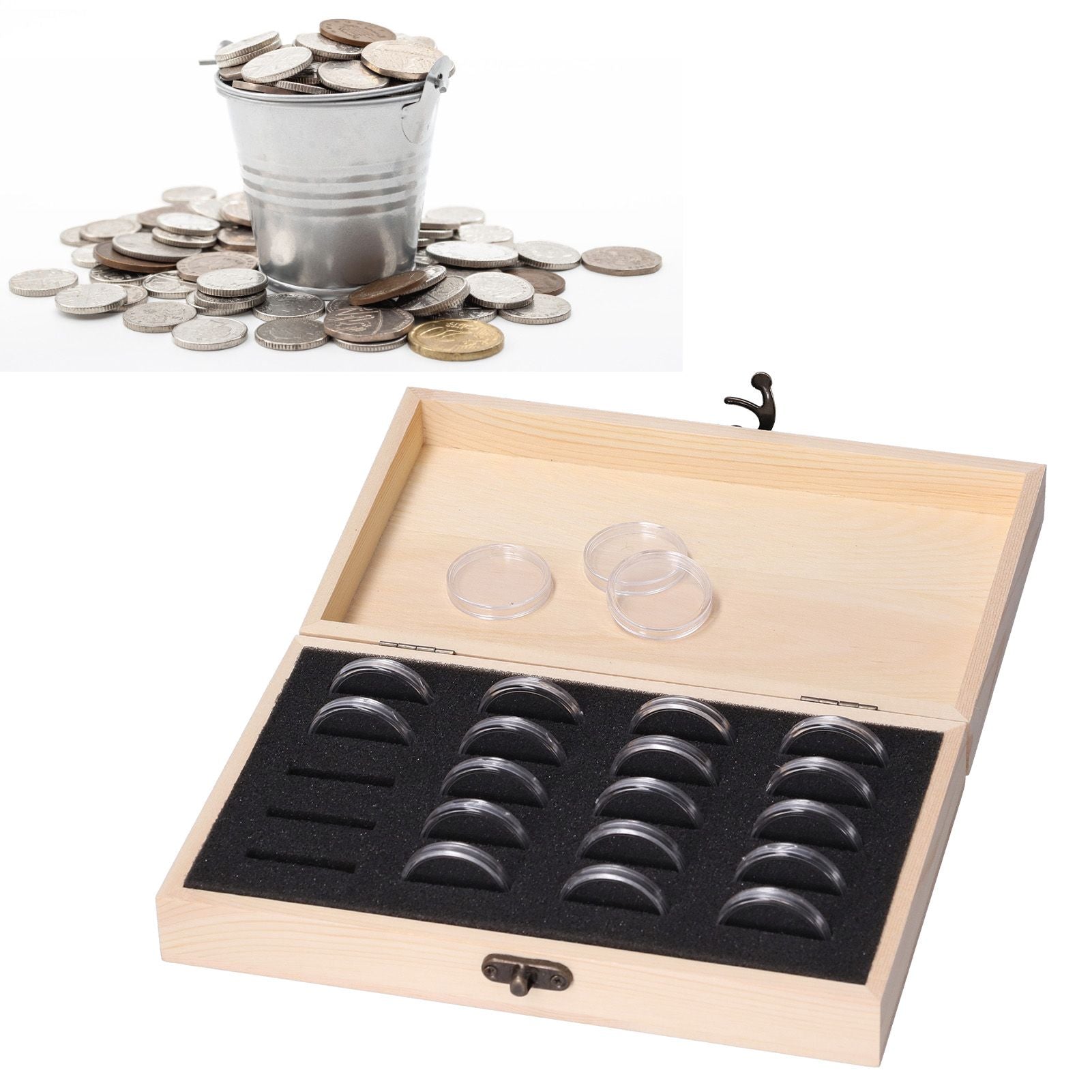 20 Grid Coin Collection Box Wooden Coin Protection Storage Box for Home Office Living Room