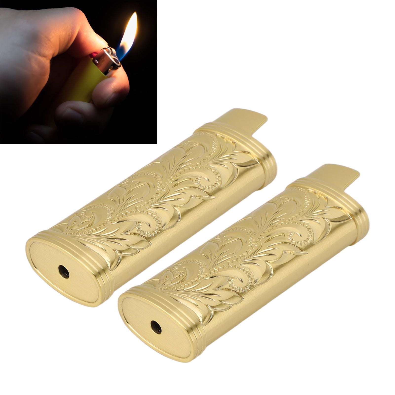 2Pcs Lighter Case Zinc Alloy Lighter Storage Container Floral Pattern for Outdoor Camping Hiking Gold