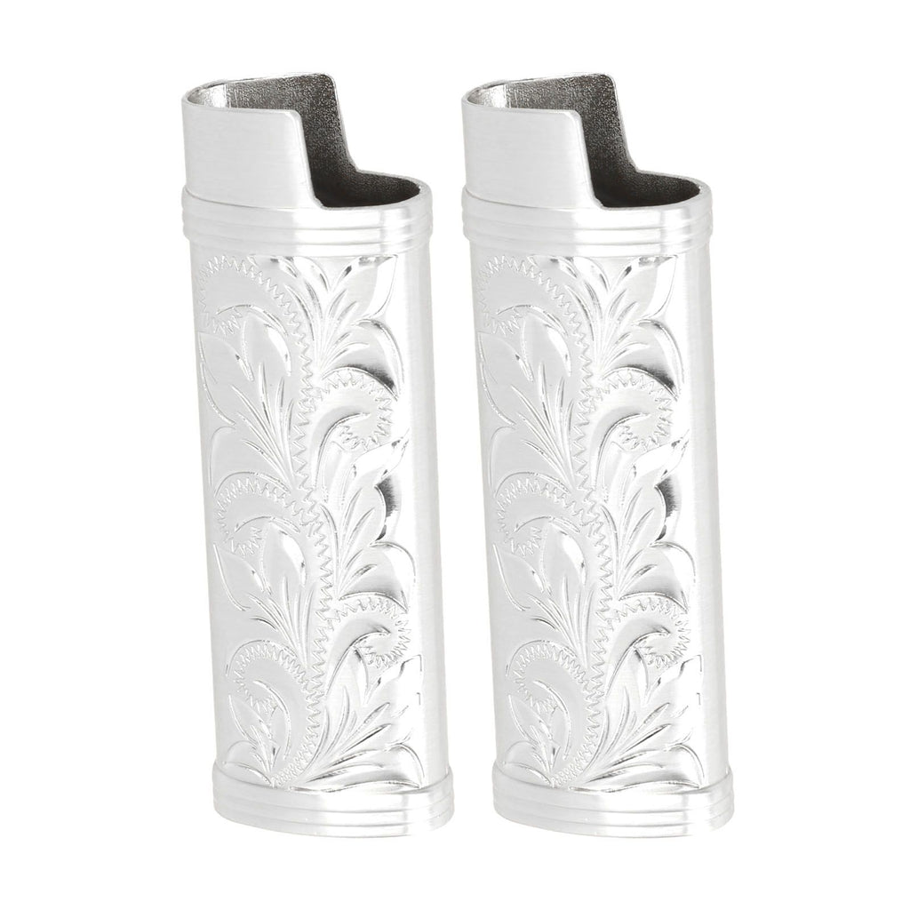 2Pcs Lighter Case Zinc Alloy Lighter Storage Container Floral Pattern for Outdoor Camping Hiking Silver