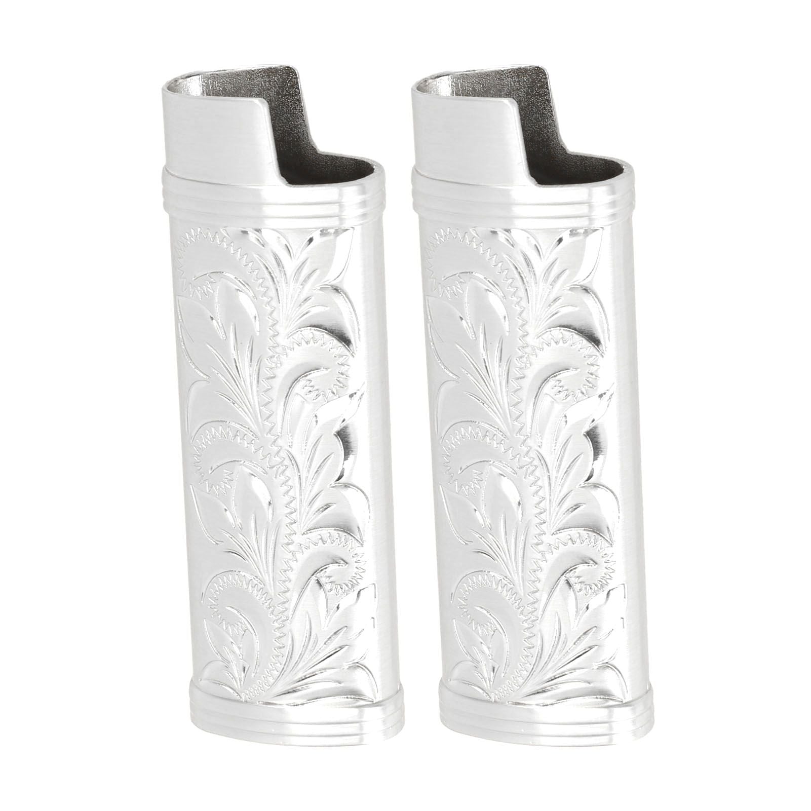 2Pcs Lighter Case Zinc Alloy Lighter Storage Container Floral Pattern for Outdoor Camping Hiking Silver