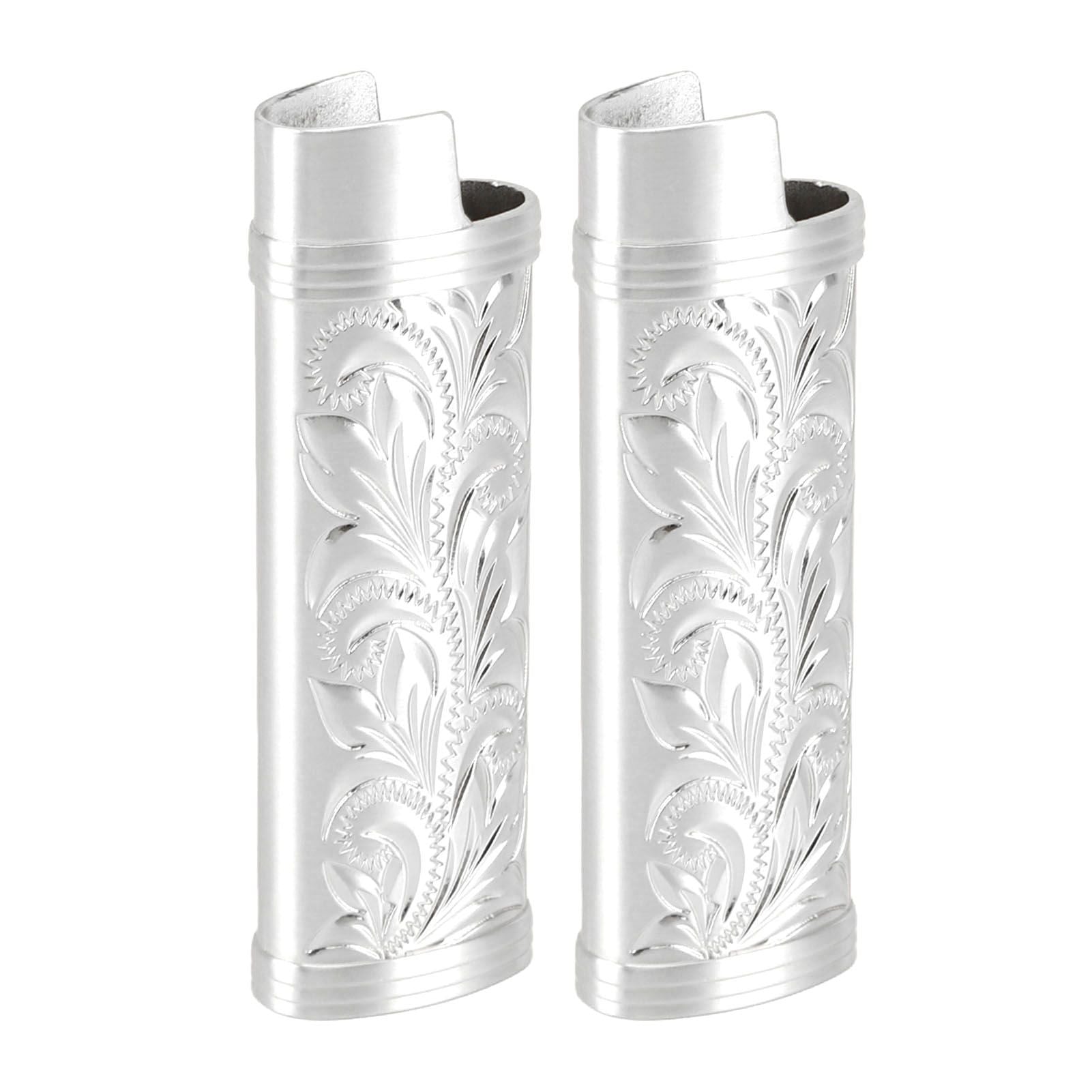 2Pcs Lighter Case Zinc Alloy Lighter Storage Container Floral Pattern for Outdoor Camping Hiking Silver