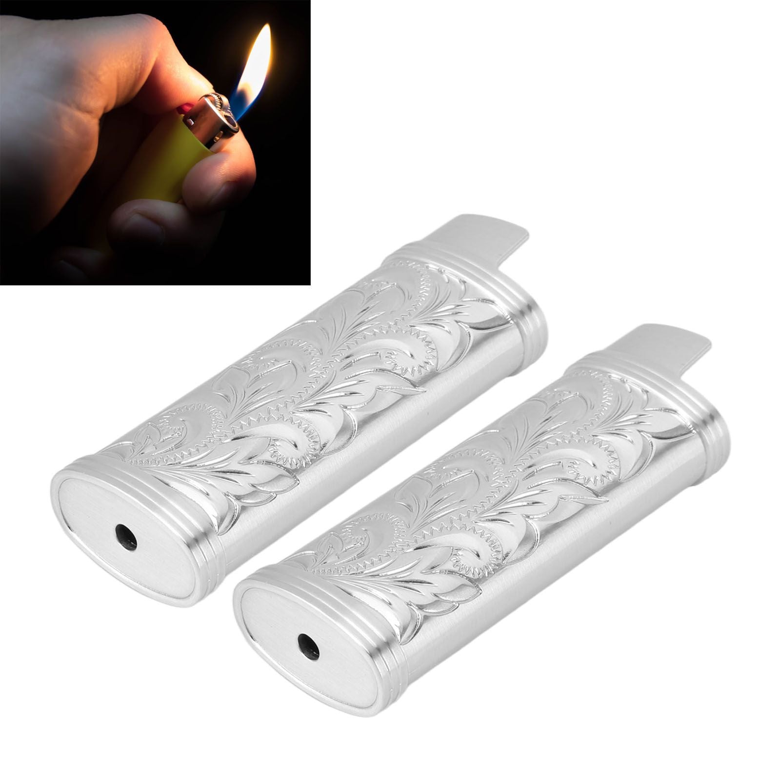 2Pcs Lighter Case Zinc Alloy Lighter Storage Container Floral Pattern for Outdoor Camping Hiking Silver