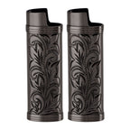 2Pcs Lighter Case Zinc Alloy Lighter Storage Container Floral Pattern for Outdoor Camping Hiking Black