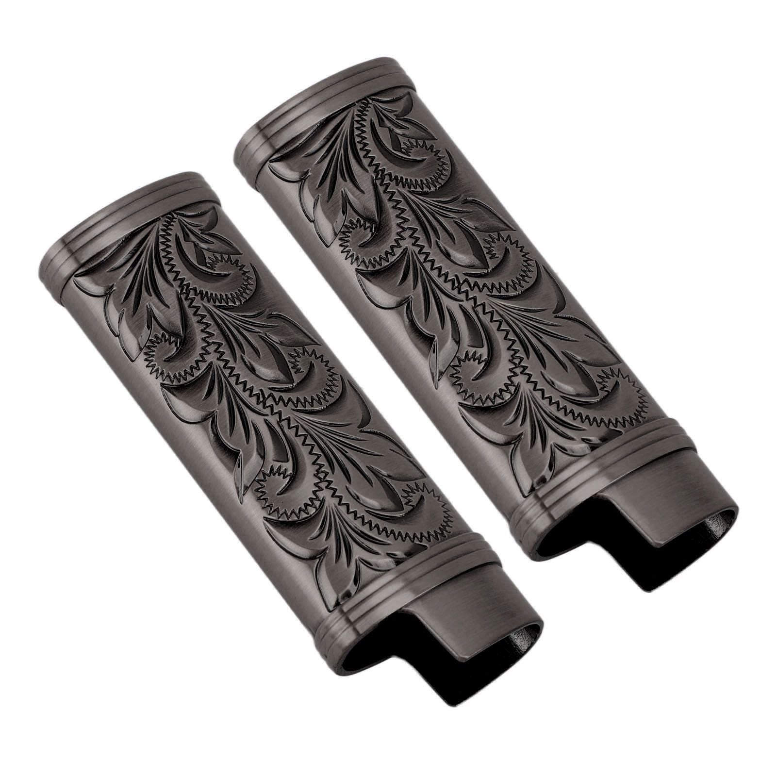 2Pcs Lighter Case Zinc Alloy Lighter Storage Container Floral Pattern for Outdoor Camping Hiking Black