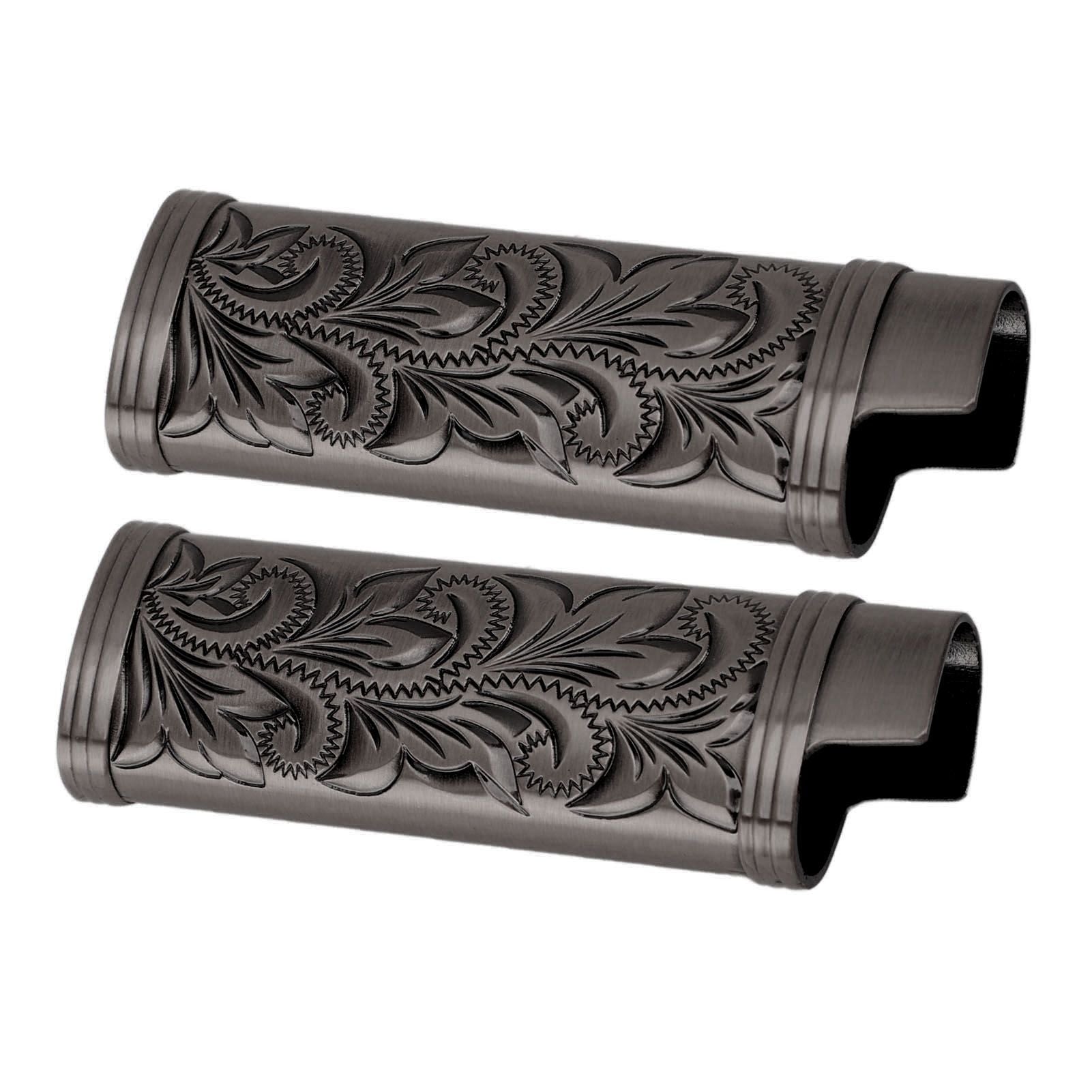 2Pcs Lighter Case Zinc Alloy Lighter Storage Container Floral Pattern for Outdoor Camping Hiking Black