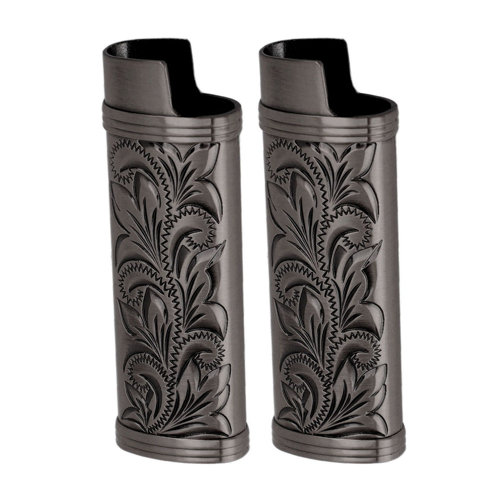 2Pcs Lighter Case Zinc Alloy Lighter Storage Container Floral Pattern for Outdoor Camping Hiking Black