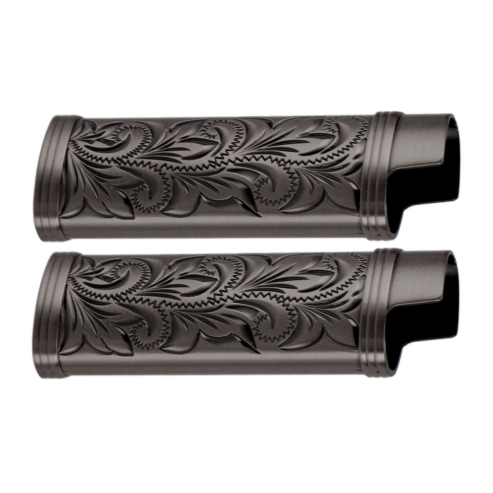 2Pcs Lighter Case Zinc Alloy Lighter Storage Container Floral Pattern for Outdoor Camping Hiking Black