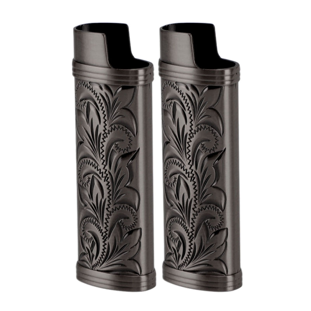 2Pcs Lighter Case Zinc Alloy Lighter Storage Container Floral Pattern for Outdoor Camping Hiking Black