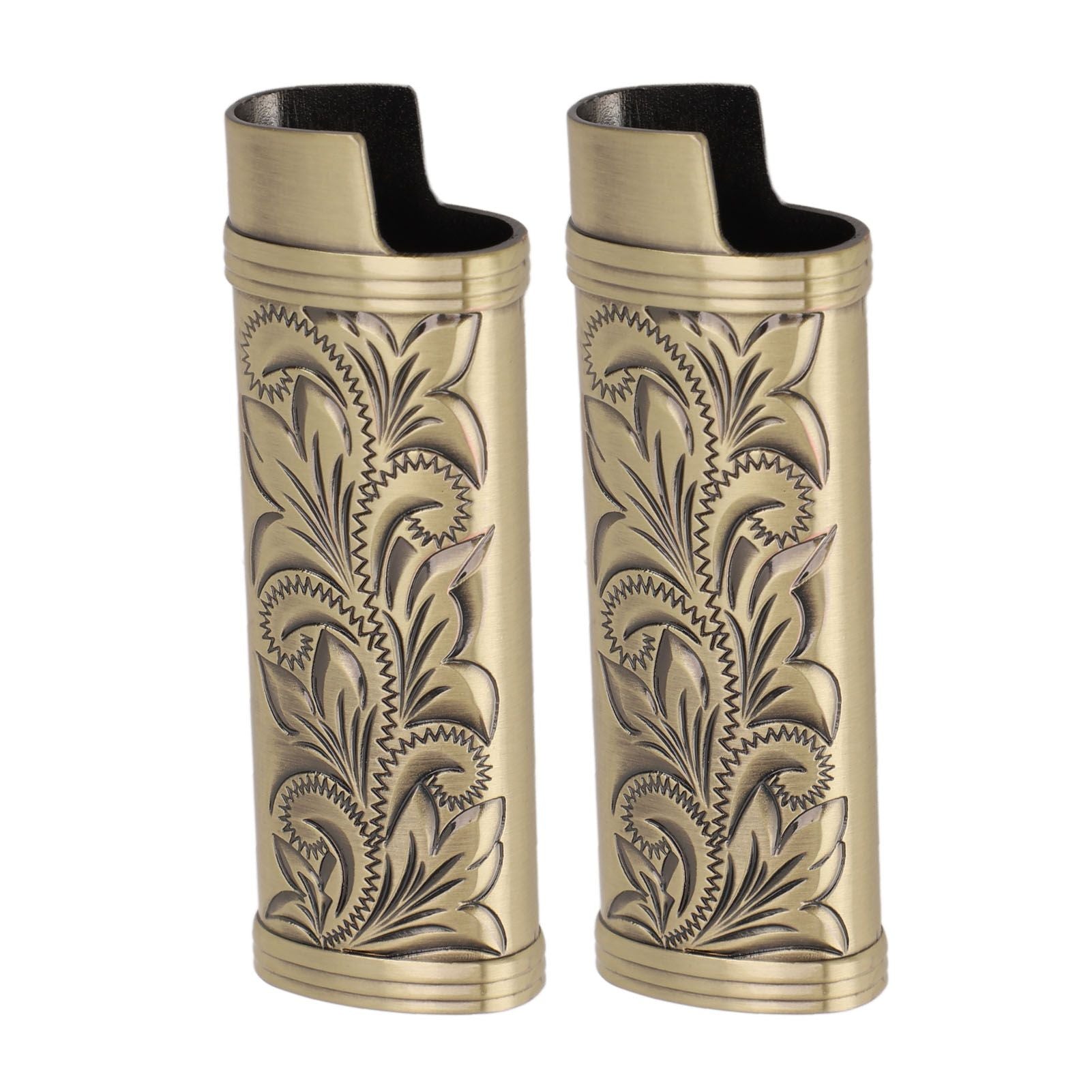 2Pcs Lighter Case Zinc Alloy Lighter Storage Container Floral Pattern for Outdoor Camping Hiking Bronze